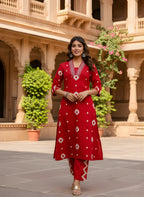 Red Ikat Geometric Print Pure Cotton Flared Anarkali Kurta & Pants Set with Embroidered V-Yoke