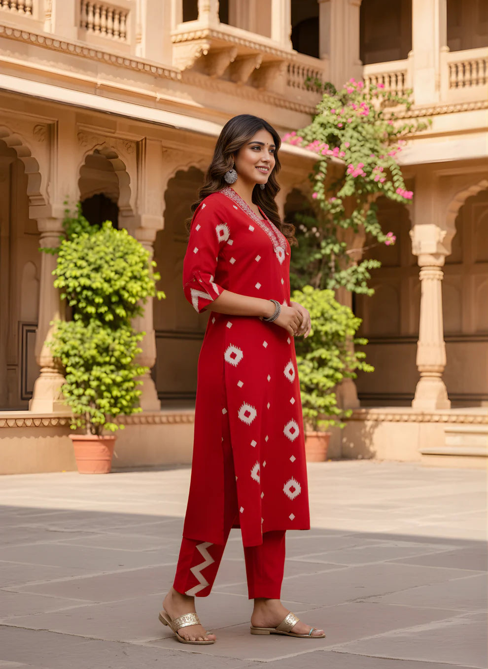 Red Ikat Geometric Print Pure Cotton Flared Anarkali Kurta & Pants Set with Embroidered V-Yoke
