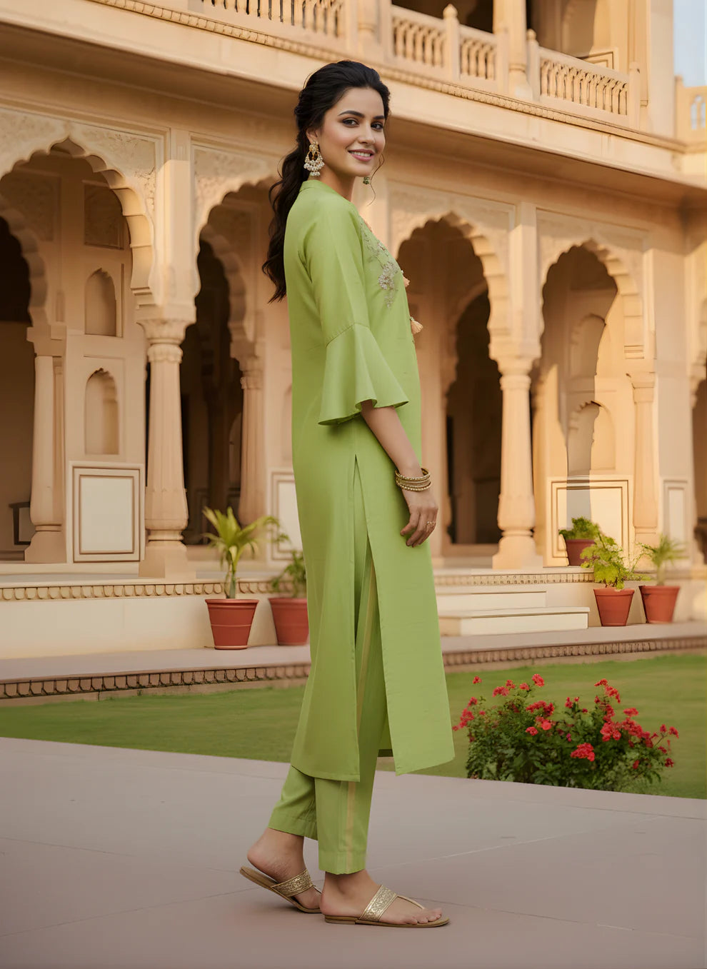 Elegant Lime Green Pure Cotton Kurta Set with Subtle Embroidery