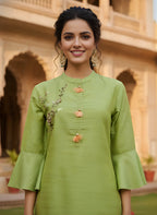 Elegant Lime Green Pure Cotton Kurta Set with Subtle Embroidery
