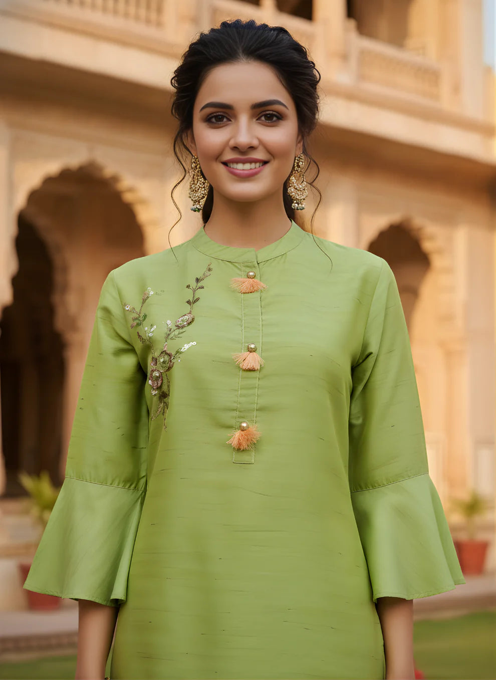 Elegant Lime Green Pure Cotton Kurta Set with Subtle Embroidery