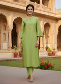 Elegant Lime Green Pure Cotton Kurta Set with Subtle Embroidery