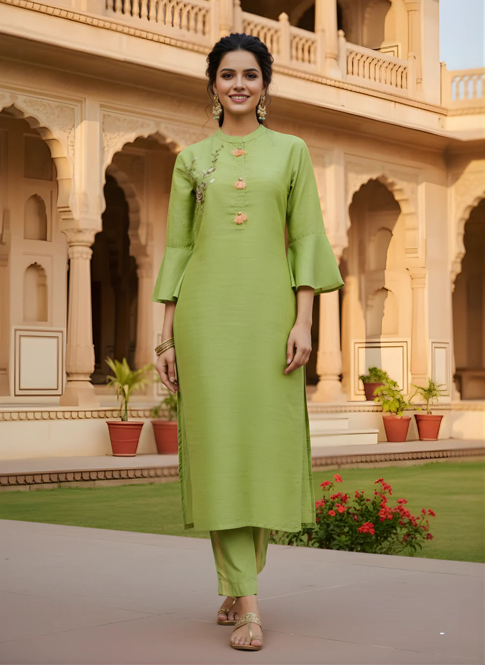 Elegant Lime Green Pure Cotton Kurta Set with Subtle Embroidery