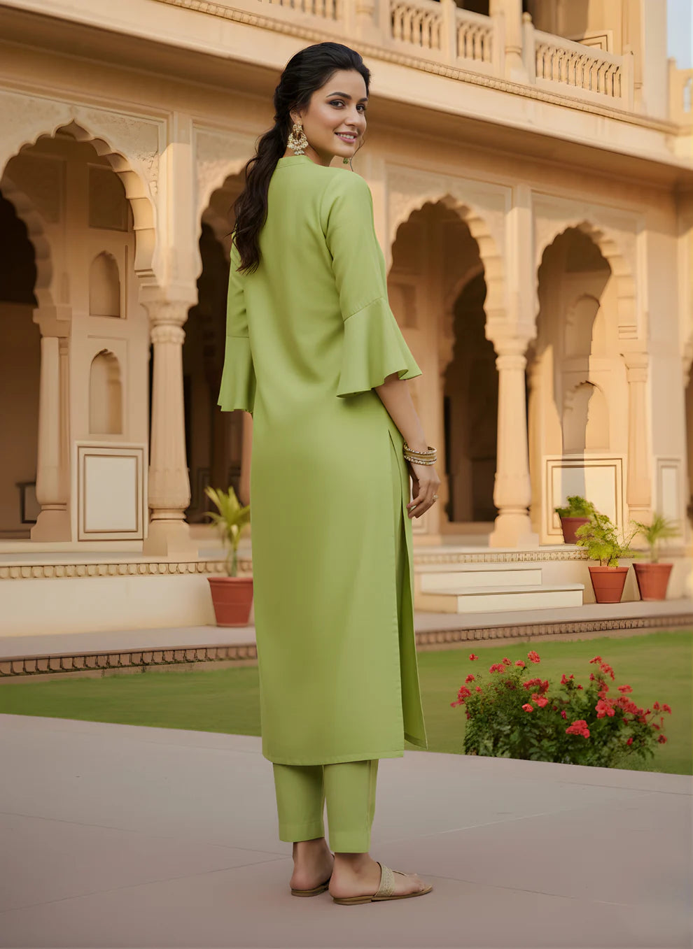 Elegant Lime Green Pure Cotton Kurta Set with Subtle Embroidery