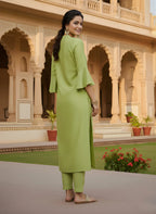 Elegant Lime Green Pure Cotton Kurta Set with Subtle Embroidery