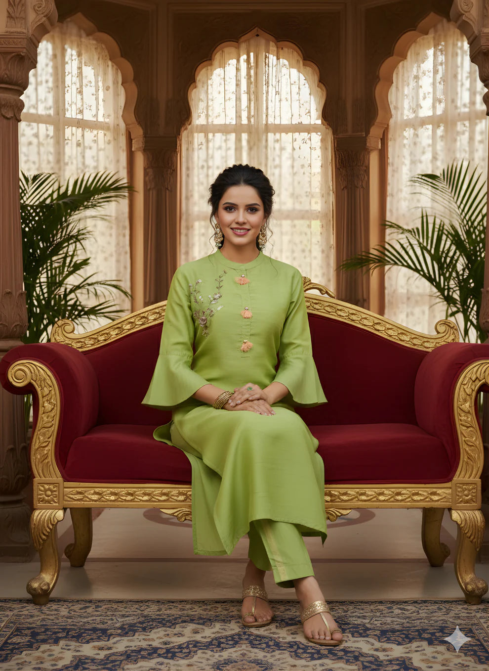 Elegant Lime Green Pure Cotton Kurta Set with Subtle Embroidery