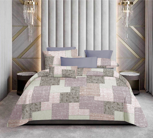 Premium Cotton Patchwork Bedsheet Set – King Size 114x120, 320 TC with Pillow Covers (Soft Mauve & Olive Tones)