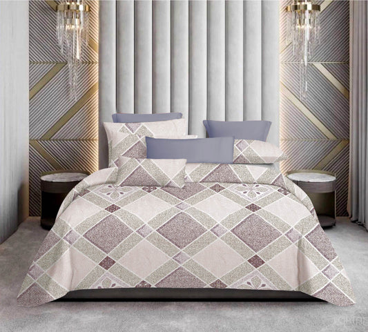 Premium Cotton Geometric Bedsheet Set – King Size 114x120, 320 TC with Pillow Covers (Beige & Mauve Diamond Pattern)