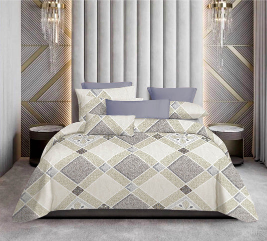 Premium Cotton King Size Bedsheet Set – 114x120, 320 TC with Pillow Covers (Beige & Maroon Geometric Diamond Design)