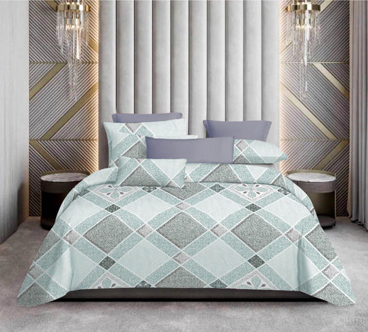 Premium Cotton King Size Bedsheet Set – 114x120, 320 TC with Pillow Covers (Mint Green & Grey Geometric Diamond Design)