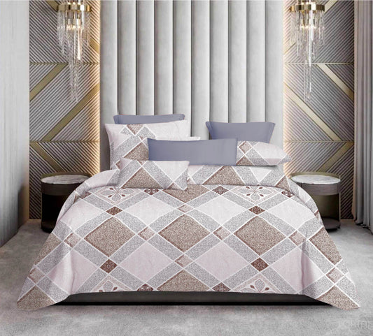Premium Cotton King Size Bedsheet Set – 114x120, 320 TC with Pillow Covers (Brown & Grey Geometric Diamond Design)