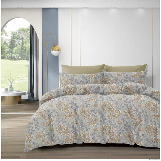 210 TC Cotton Double Bedsheet with 2 Pillow Covers – Beige & Grey Floral Design (108 x 108 Inches)