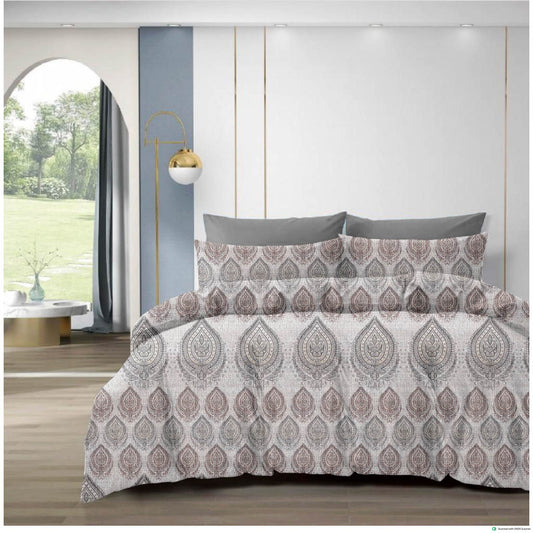 210 TC Cotton Double Bedsheet with 2 Pillow Covers – Grey & Brown Paisley Motif Print (108 x 108 Inches)