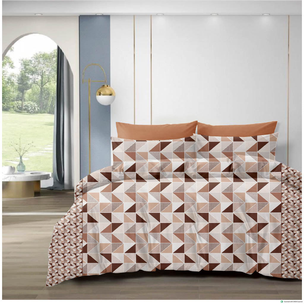 210 TC Cotton Double Bedsheet with 2 Pillow Covers – Geometric Triangle Print in Maroon & Beige (108 x 108 Inches)