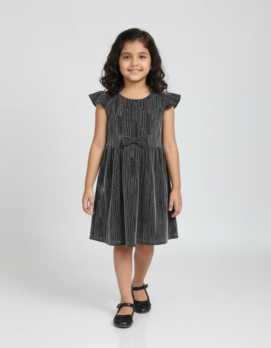 Girls Black Shimmer Party Dress – Premium Polyester Flutter Sleeve Kids Frock