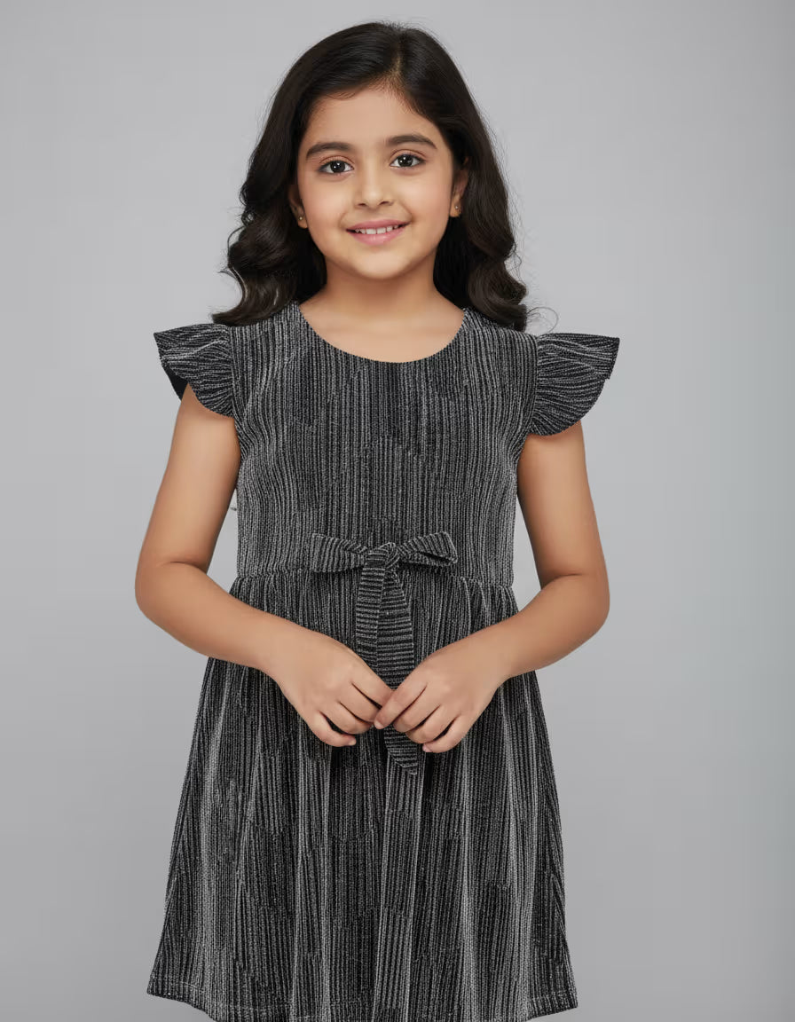 Girls Black Shimmer Party Dress – Premium Polyester Flutter Sleeve Kids Frock