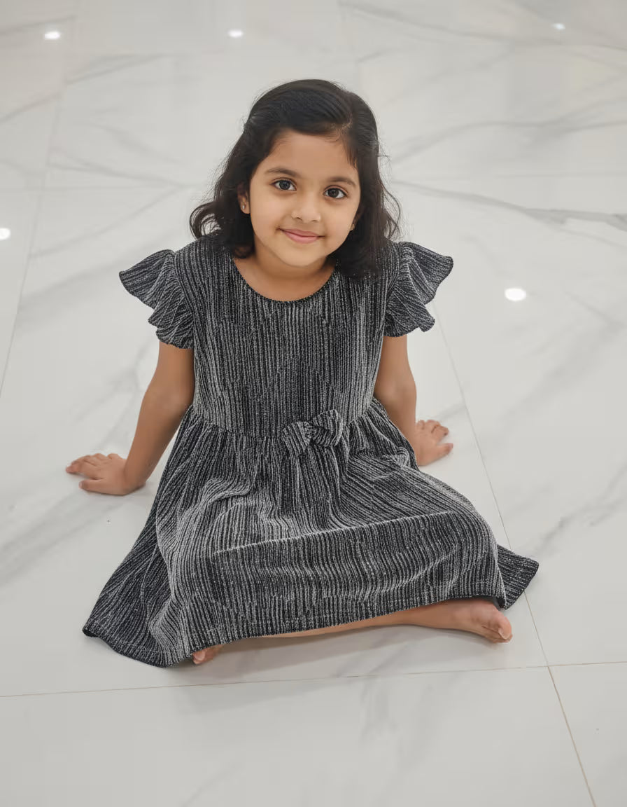 Girls Black Shimmer Party Dress – Premium Polyester Flutter Sleeve Kids Frock