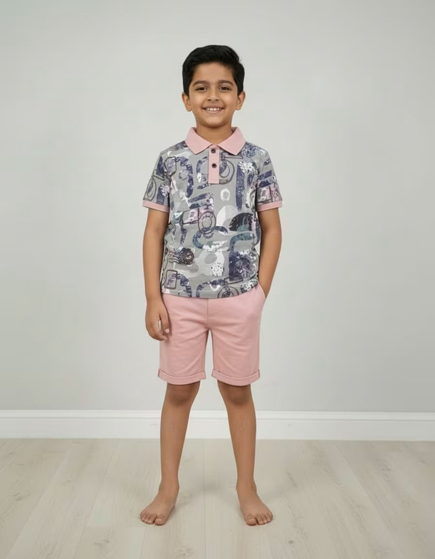 Boys Printed Polo Collar T-Shirt & Shorts Set – Pink | Looper Fabric Kids Co-ord