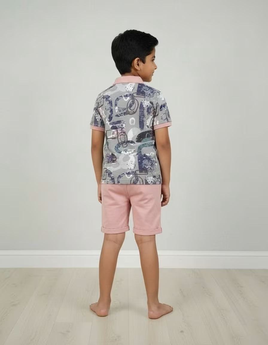 Boys Printed Polo Collar T-Shirt & Shorts Set – Pink | Looper Fabric Kids Co-ord