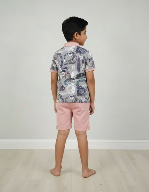 Boys Printed Polo Collar T-Shirt & Shorts Set – Pink | Looper Fabric Kids Co-ord