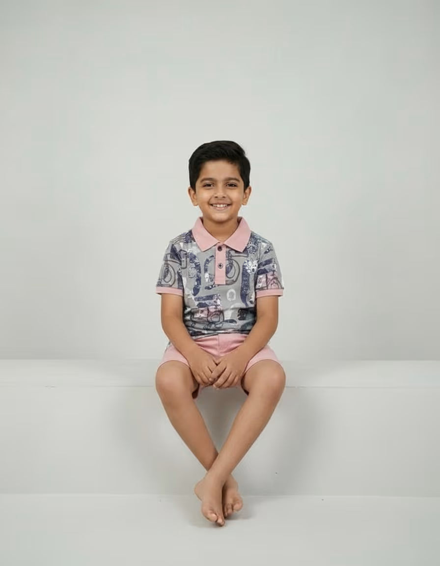 Boys Printed Polo Collar T-Shirt & Shorts Set – Pink | Looper Fabric Kids Co-ord