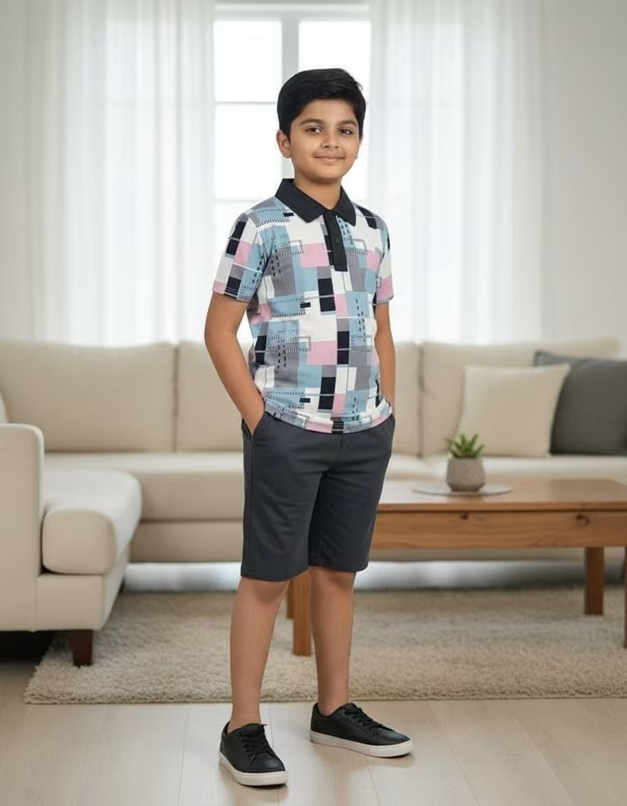 Boys Printed Polo Collar T-Shirt & Shorts Set – Black | Looper Fabric Kids Co-ord