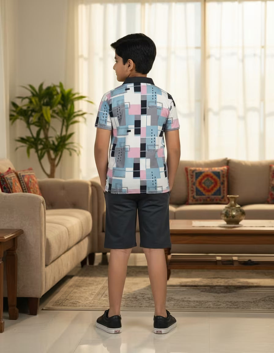 Boys Printed Polo Collar T-Shirt & Shorts Set – Black | Looper Fabric Kids Co-ord