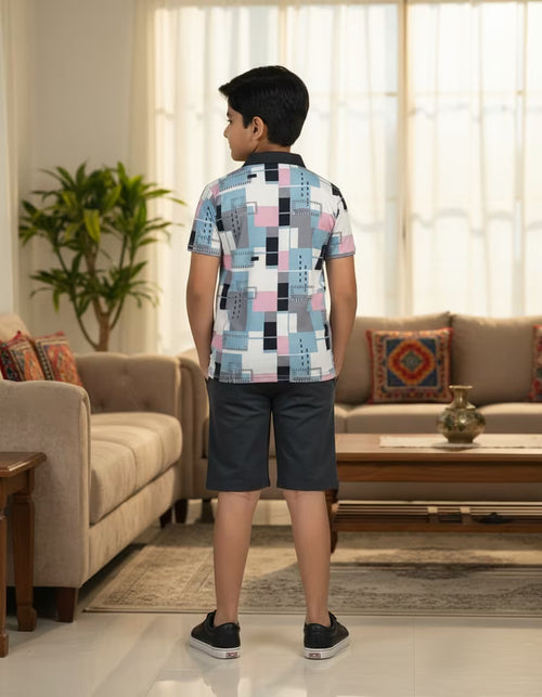 Boys Printed Polo Collar T-Shirt & Shorts Set – Black | Looper Fabric Kids Co-ord