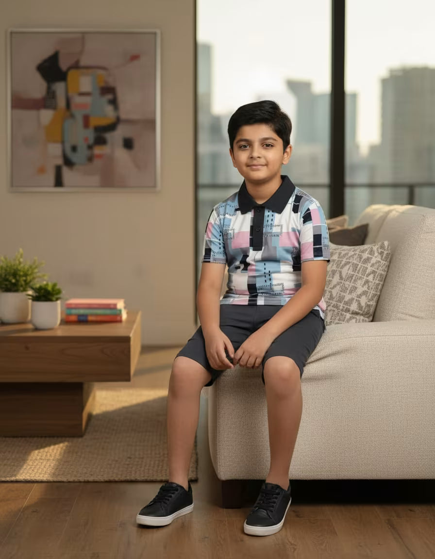 Boys Printed Polo Collar T-Shirt & Shorts Set – Black | Looper Fabric Kids Co-ord
