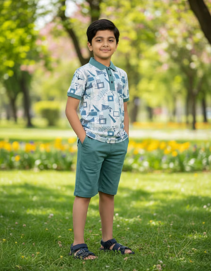 Boys Printed Polo Collar T-Shirt & Shorts Set – Green | Looper Fabric Kids Co-ord