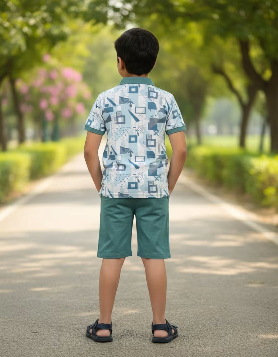 Boys Printed Polo Collar T-Shirt & Shorts Set – Green | Looper Fabric Kids Co-ord