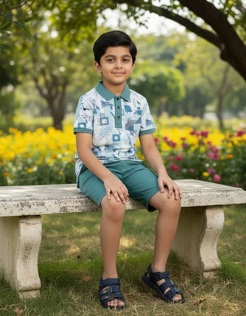 Boys Printed Polo Collar T-Shirt & Shorts Set – Green | Looper Fabric Kids Co-ord