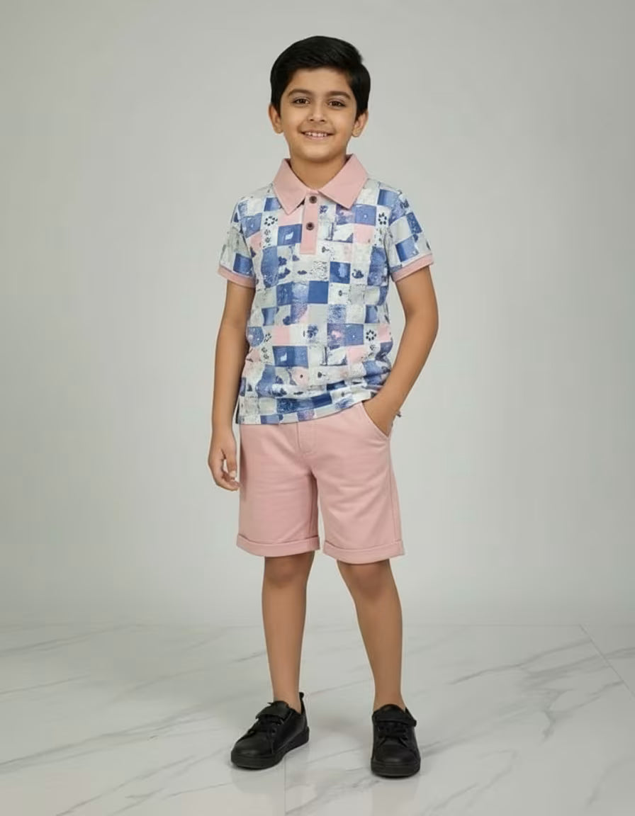 Boys Printed Polo Collar T-Shirt & Shorts Set – Looper Fabric | Stylish Kids Co-ord