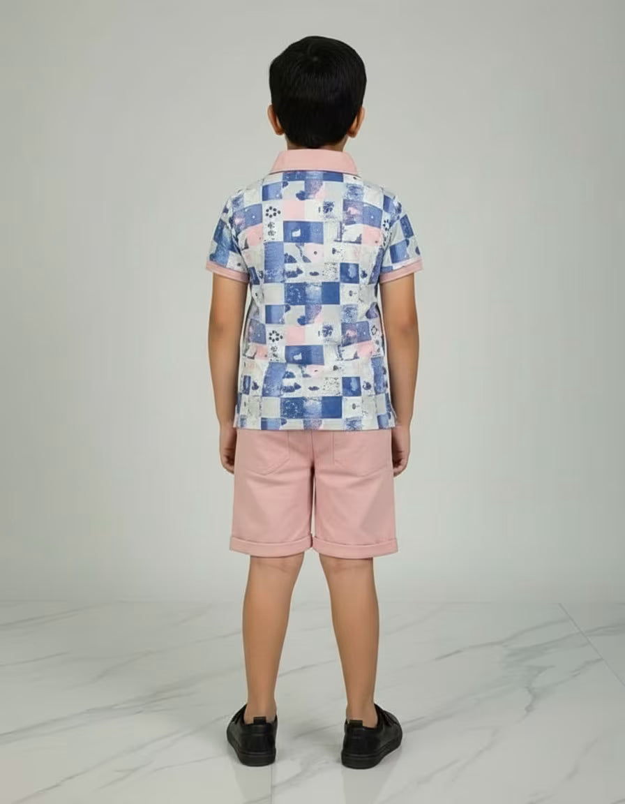 Boys Printed Polo Collar T-Shirt & Shorts Set – Looper Fabric | Stylish Kids Co-ord