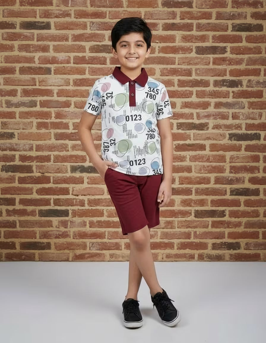 Boys Printed Collar T-Shirt & Shorts Set – Looper Fabric | Stylish Kids Co-ord Set