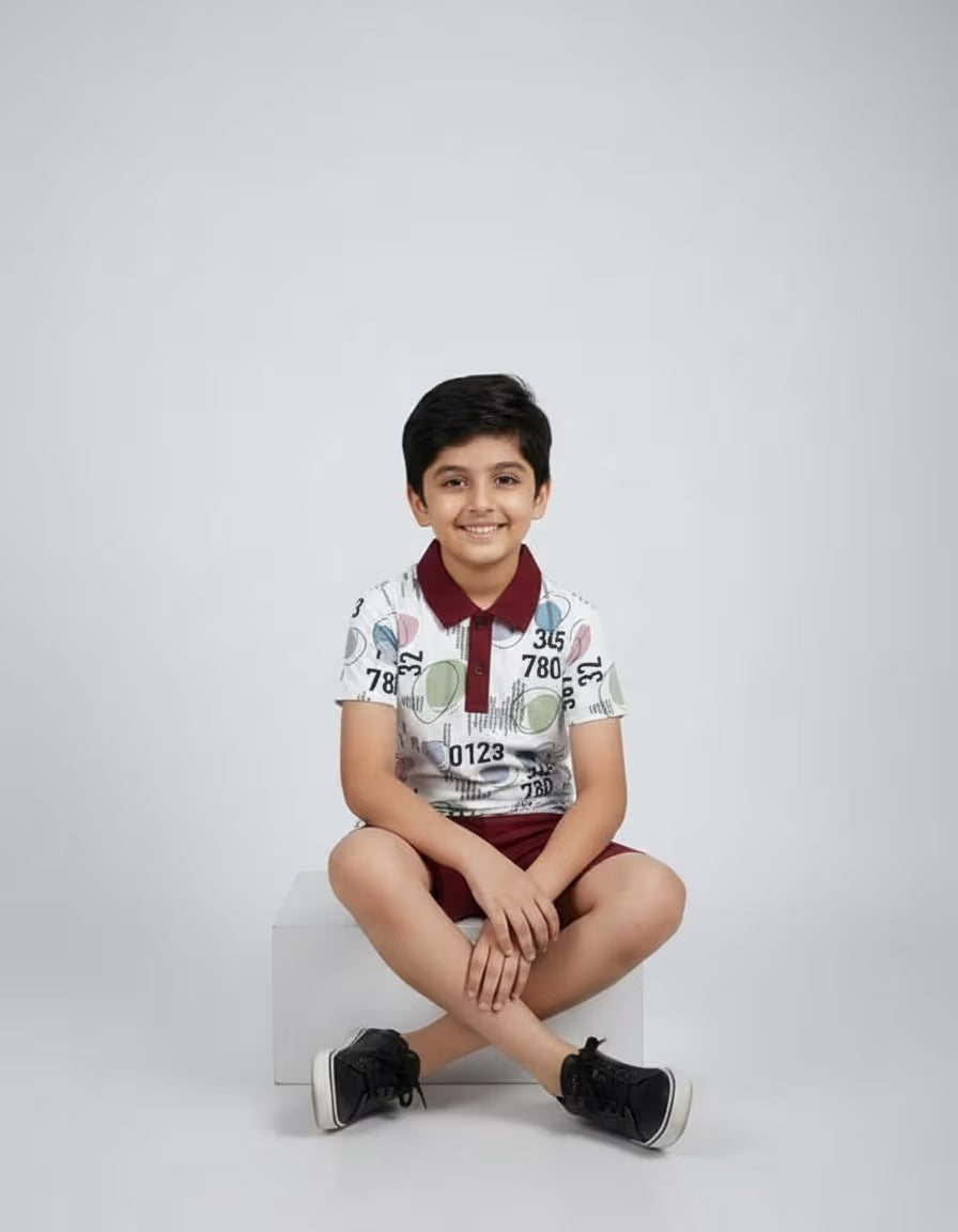 Boys Printed Collar T-Shirt & Shorts Set – Looper Fabric | Stylish Kids Co-ord Set