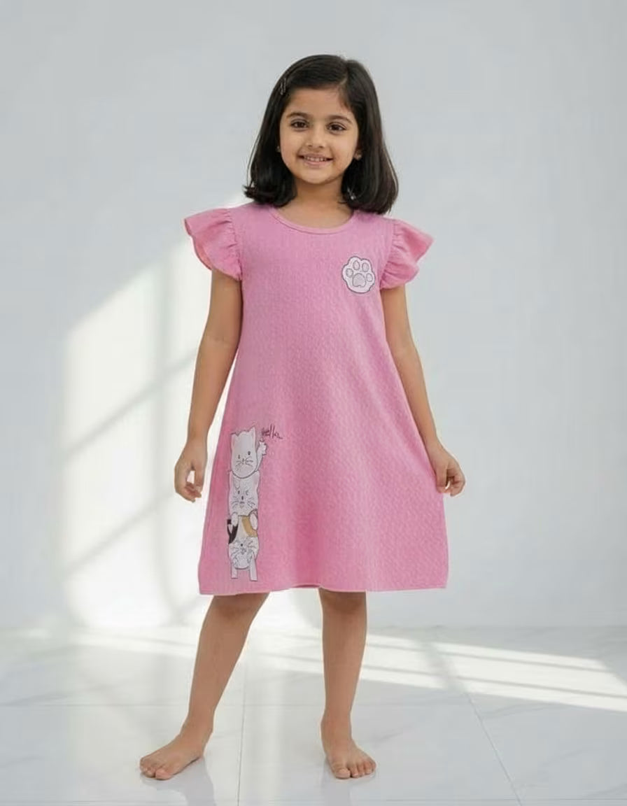 Girls Pink Tesla Fabric Dress with Cute Cat Print