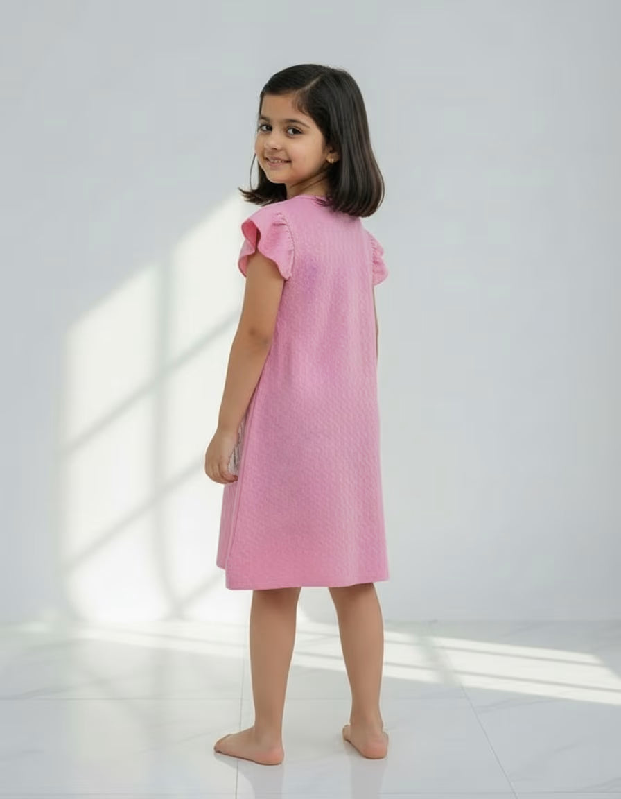 Girls Pink Tesla Fabric Dress with Cute Cat Print