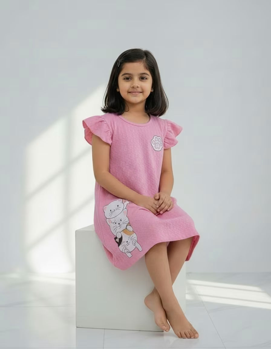 Girls Pink Tesla Fabric Dress with Cute Cat Print