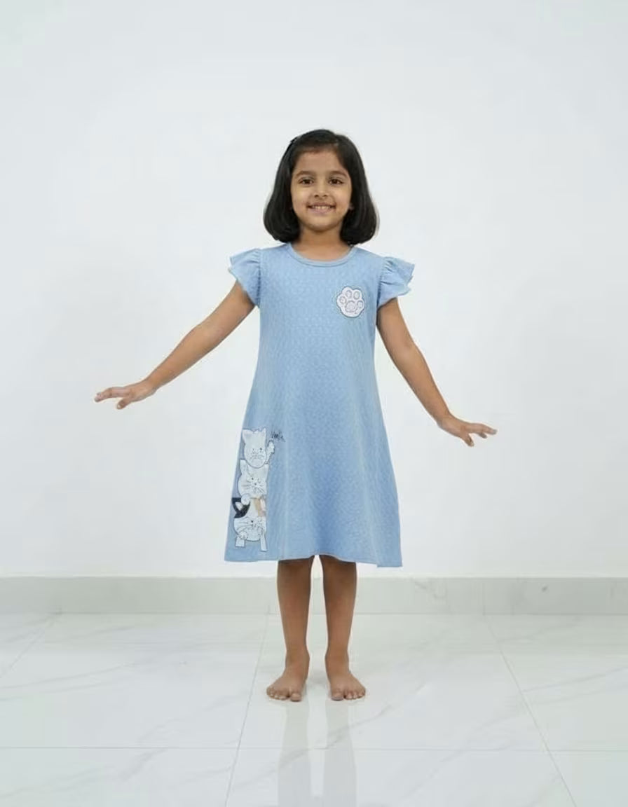 Girls Sky Blue Kitty Print Tesla Fabric Dress – Cute Kids Casual Frock