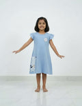 Girls Sky Blue Kitty Print Tesla Fabric Dress – Cute Kids Casual Frock