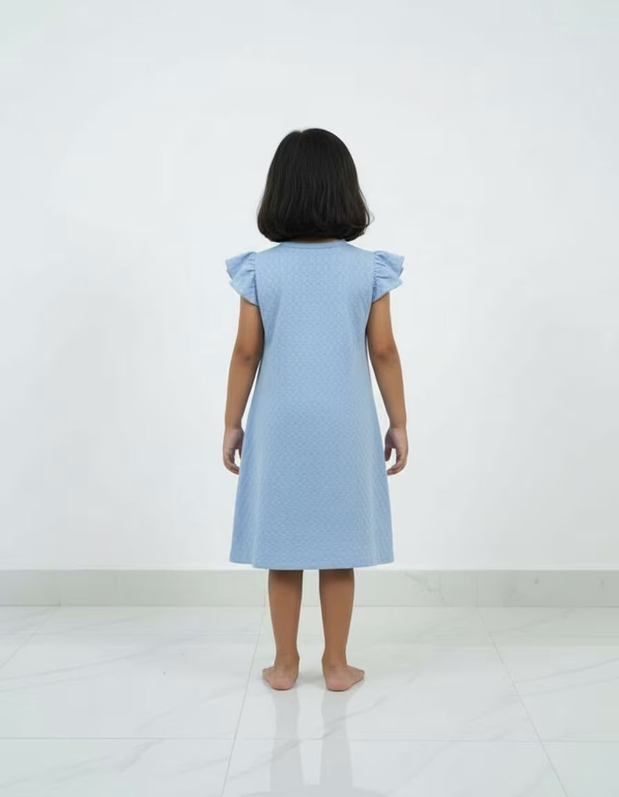 Girls Sky Blue Kitty Print Tesla Fabric Dress – Cute Kids Casual Frock