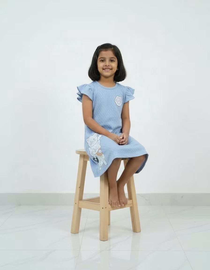 Girls Sky Blue Kitty Print Tesla Fabric Dress – Cute Kids Casual Frock