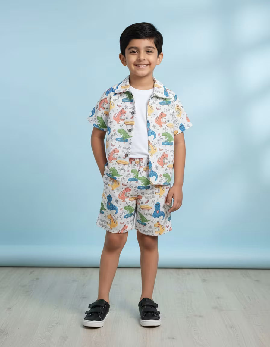 Kids Dino Print Co-ord Set – Shirt, Tee & Shorts | Valentino Fabric Summer Outfit