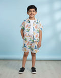 Kids Dino Print Co-ord Set – Shirt, Tee & Shorts | Valentino Fabric Summer Outfit