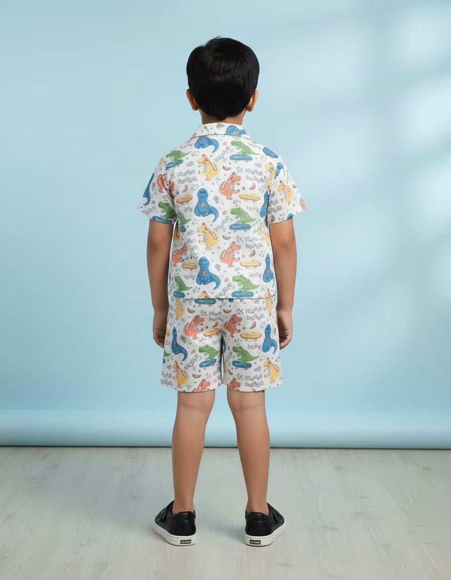 Kids Dino Print Co-ord Set – Shirt, Tee & Shorts | Valentino Fabric Summer Outfit