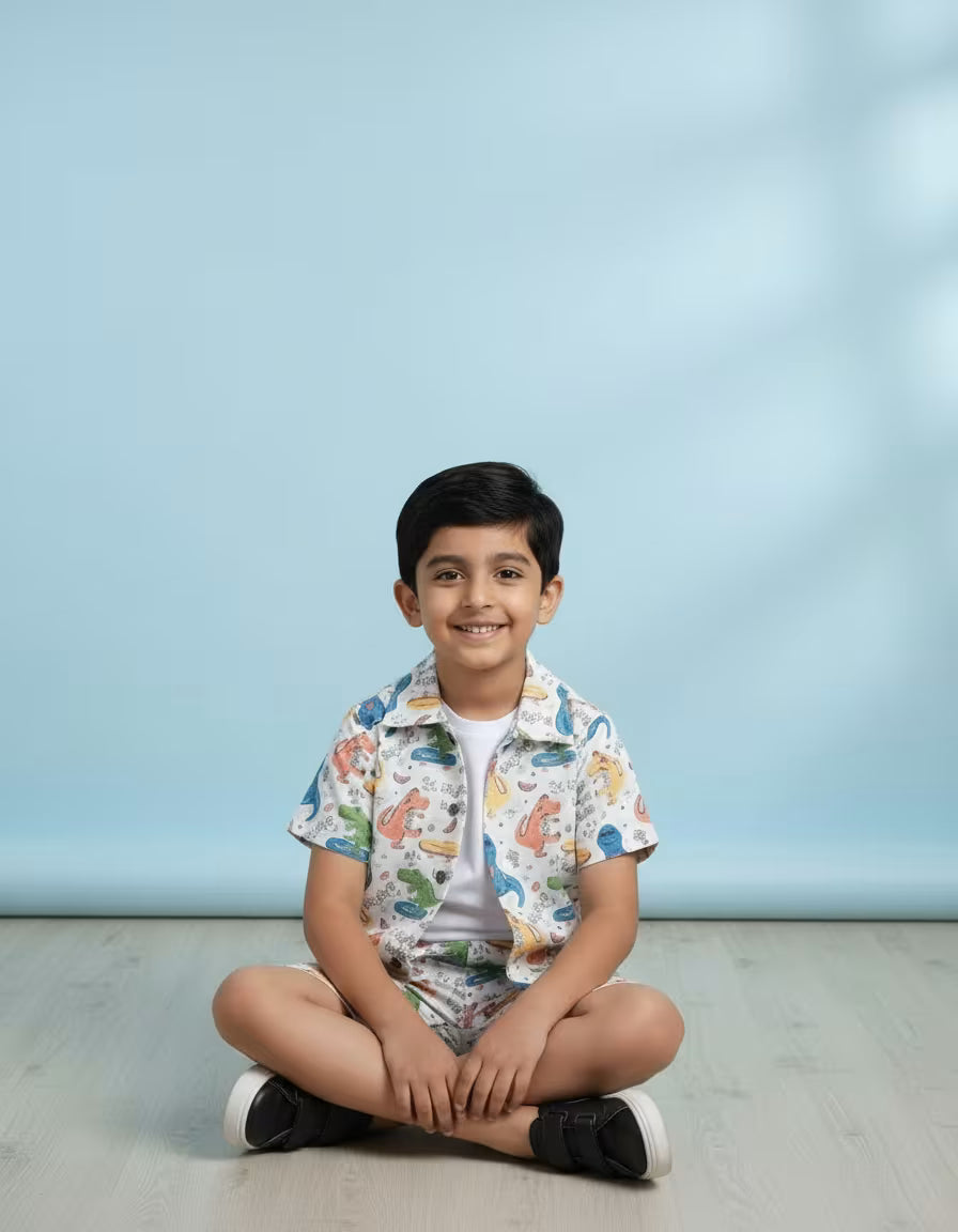 Kids Dino Print Co-ord Set – Shirt, Tee & Shorts | Valentino Fabric Summer Outfit