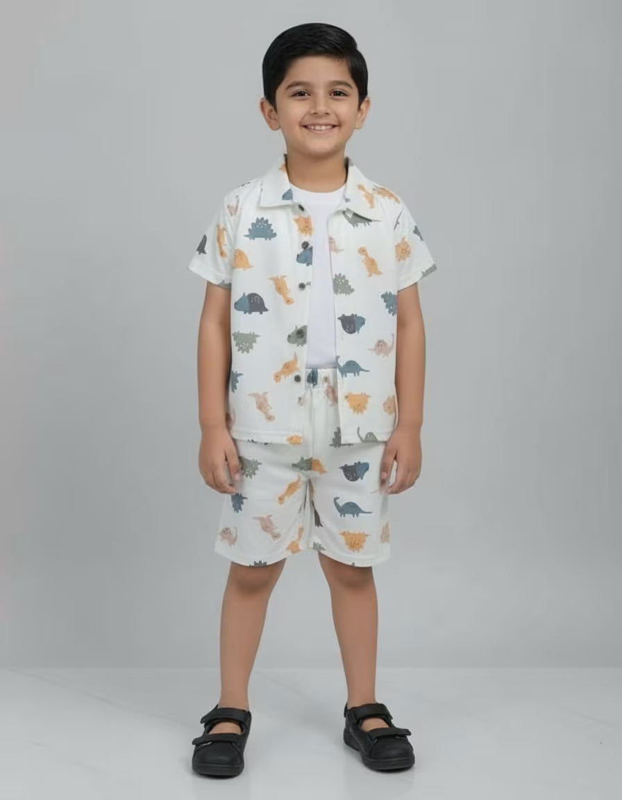 Kids Dinosaur Print Valentino Co-ord Set – Premium Shirt, Tee & Shorts Outfit