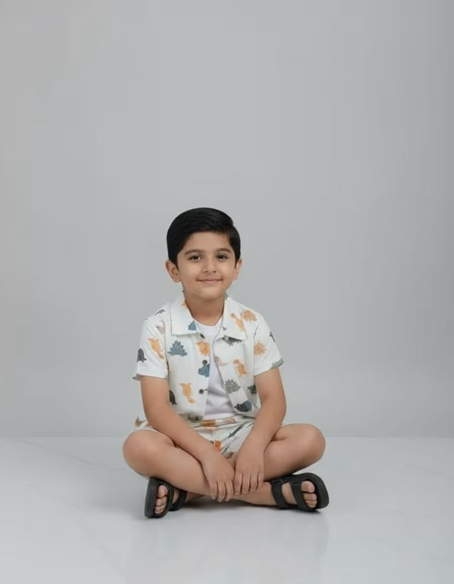 Kids Dinosaur Print Valentino Co-ord Set – Premium Shirt, Tee & Shorts Outfit