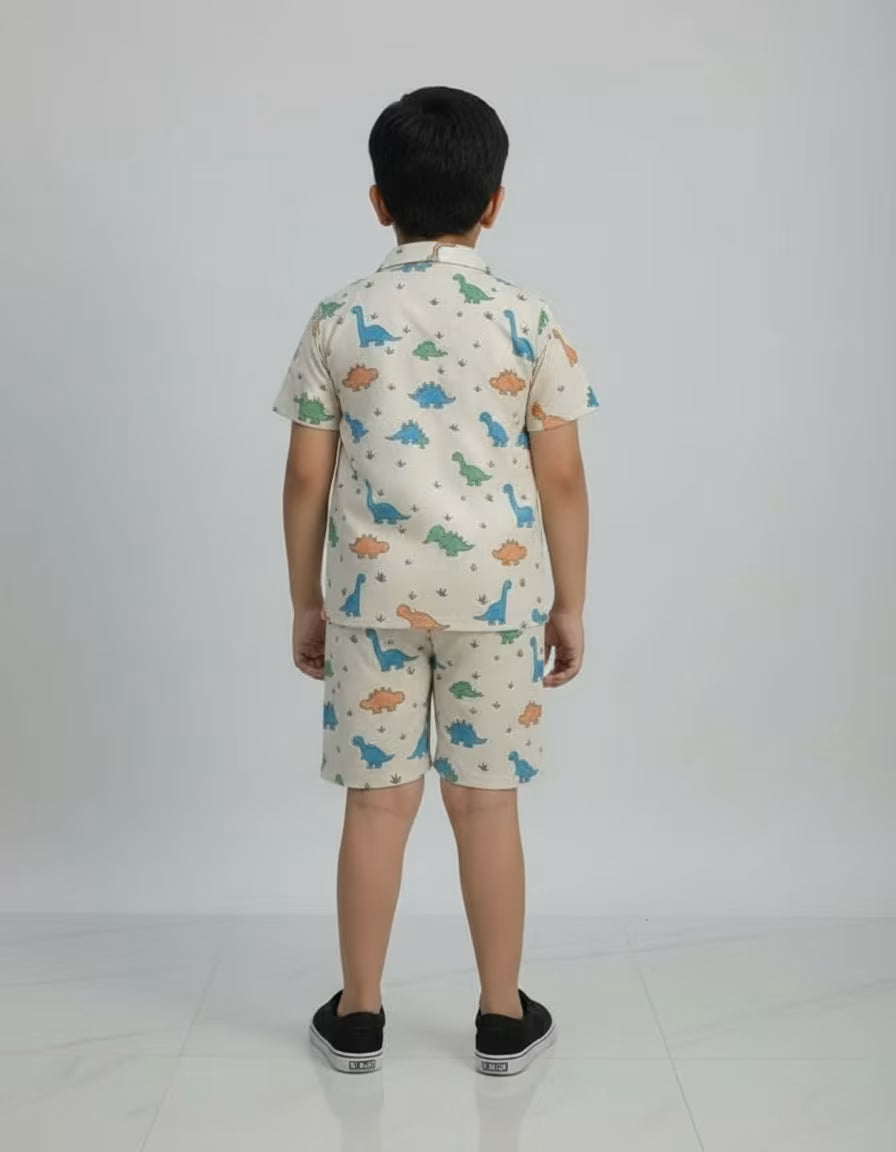 Kids Dino Print Valentino Co-ord Set – Premium Shirt & Shorts Summer Outfit